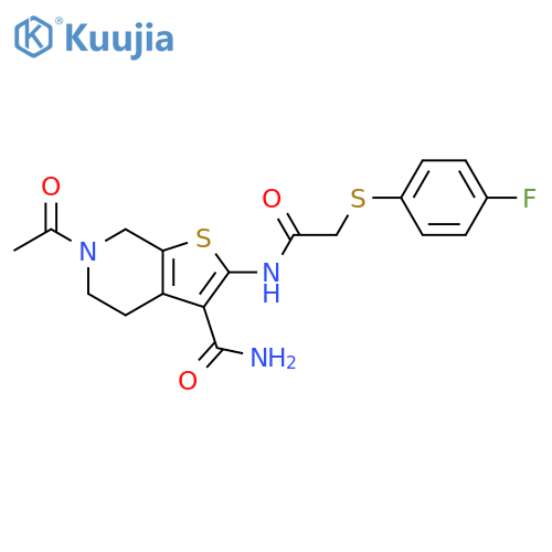 6-acetyl-2-{2-(4-fluorophenyl)sulfanylacetamido}-4H,5H,6H,7H-thieno2,3-cpyridine-3-carboxamide structure