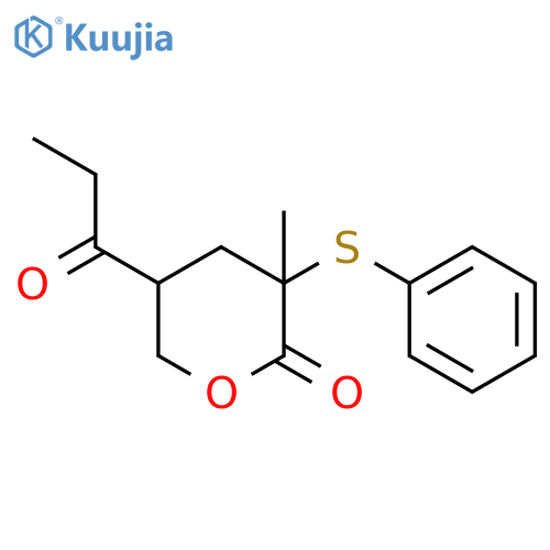 2H-Pyran-2-one, tetrahydro-3-methyl-5-(1-oxopropyl)-3-(phenylthio)- structure