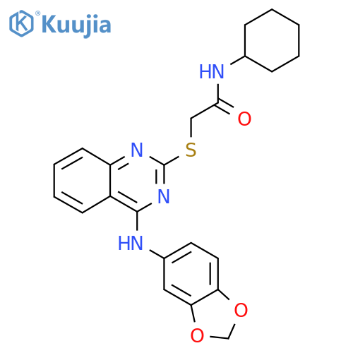 2-({4-(2H-1,3-benzodioxol-5-yl)aminoquinazolin-2-yl}sulfanyl)-N-cyclohexylacetamide structure