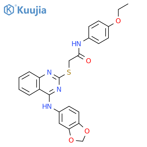 2-({4-(2H-1,3-benzodioxol-5-yl)aminoquinazolin-2-yl}sulfanyl)-N-(4-ethoxyphenyl)acetamide structure