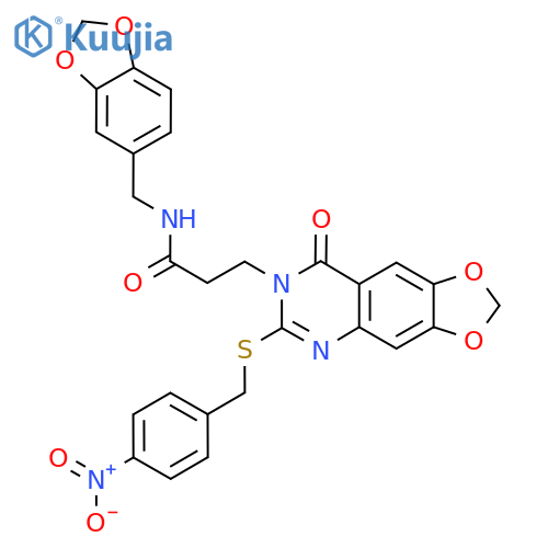 N-(2H-1,3-benzodioxol-5-yl)methyl-3-(6-{(4-nitrophenyl)methylsulfanyl}-8-oxo-2H,7H,8H-1,3dioxolo4,5-gquinazolin-7-yl)propanamide structure