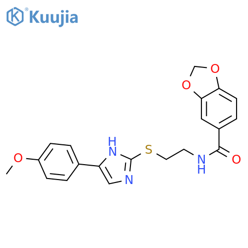 N-(2-{5-(4-methoxyphenyl)-1H-imidazol-2-ylsulfanyl}ethyl)-2H-1,3-benzodioxole-5-carboxamide structure