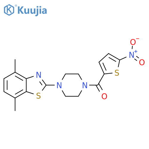 4,7-dimethyl-2-4-(5-nitrothiophene-2-carbonyl)piperazin-1-yl-1,3-benzothiazole structure