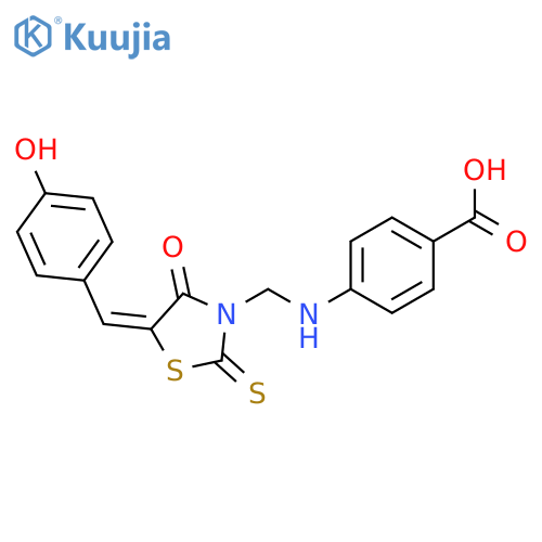 4-[({(5Z)-5-[(4-hydroxyphenyl)methylidene]-4-oxo-2-thioxo-1,3-thiazolidin-3-yl}methyl)amino]benzoic acid structure