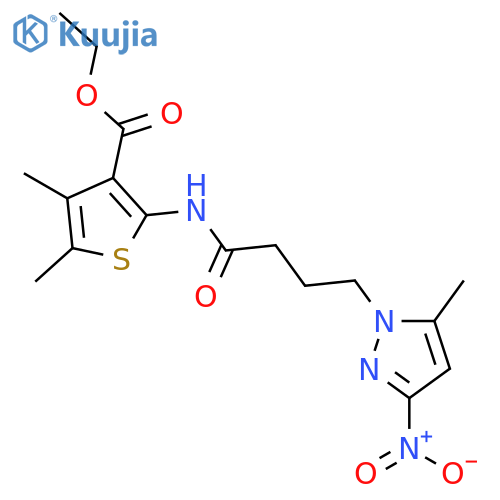 <br>ethyl 4,5-dimethyl-2-{[4-(5-methyl-3-nitro-1H-pyrazol-1-yl)butanoyl]amino}t hiophene-3-carboxylate structure