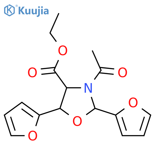 4-OXAZOLIDINECARBOXYLIC ACID, 3-ACETYL-2,5-DI-2-FURANYL-, ETHYL ESTER structure