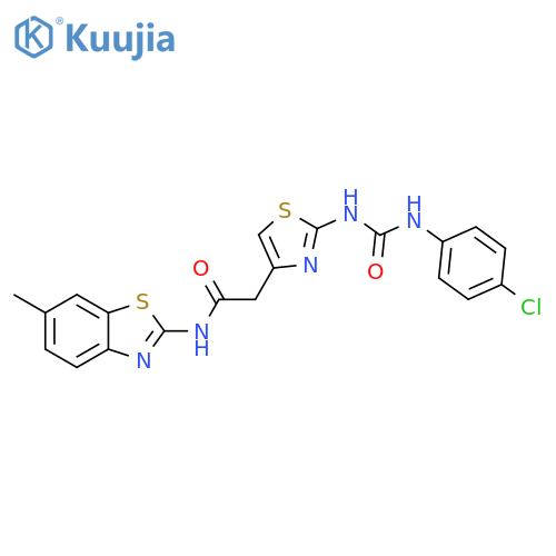 2-(2-{(4-chlorophenyl)carbamoylamino}-1,3-thiazol-4-yl)-N-(6-methyl-1,3-benzothiazol-2-yl)acetamide structure