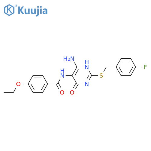 N-(4-amino-2-{(4-fluorophenyl)methylsulfanyl}-6-oxo-1,6-dihydropyrimidin-5-yl)-4-ethoxybenzamide structure