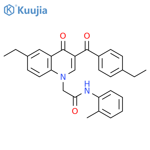 2-6-ethyl-3-(4-ethylbenzoyl)-4-oxo-1,4-dihydroquinolin-1-yl-N-(2-methylphenyl)acetamide structure