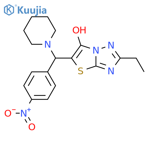2-ethyl-5-(4-nitrophenyl)(piperidin-1-yl)methyl-1,2,4triazolo3,2-b1,3thiazol-6-ol structure