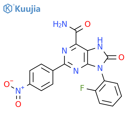 9-(2-fluorophenyl)-2-(4-nitrophenyl)-8-oxo-8,9-dihydro-7H-purine-6-carboxamide structure