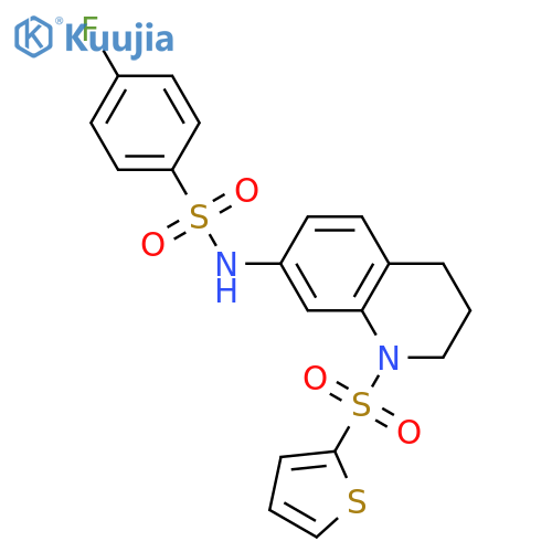 4-fluoro-N-1-(thiophene-2-sulfonyl)-1,2,3,4-tetrahydroquinolin-7-ylbenzene-1-sulfonamide structure