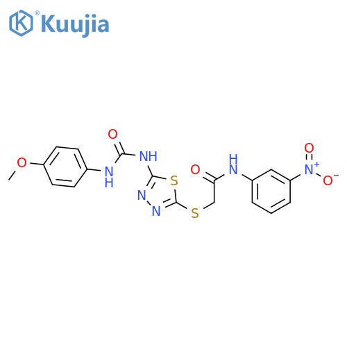 2-(5-{(4-methoxyphenyl)carbamoylamino}-1,3,4-thiadiazol-2-yl)sulfanyl-N-(3-nitrophenyl)acetamide structure