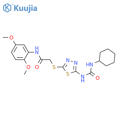 2-({5-(cyclohexylcarbamoyl)amino-1,3,4-thiadiazol-2-yl}sulfanyl)-N-(2,5-dimethoxyphenyl)acetamide structure