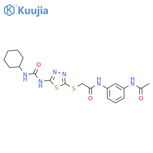 2-({5-(cyclohexylcarbamoyl)amino-1,3,4-thiadiazol-2-yl}sulfanyl)-N-(3-acetamidophenyl)acetamide structure