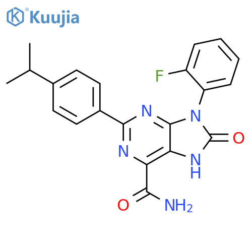 9-(2-fluorophenyl)-8-oxo-2-4-(propan-2-yl)phenyl-8,9-dihydro-7H-purine-6-carboxamide structure