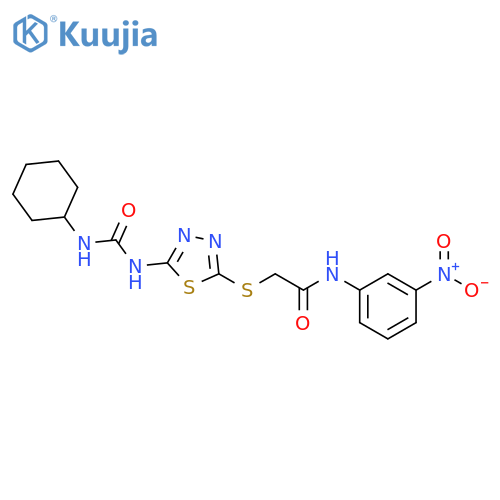 2-({5-(cyclohexylcarbamoyl)amino-1,3,4-thiadiazol-2-yl}sulfanyl)-N-(3-nitrophenyl)acetamide structure