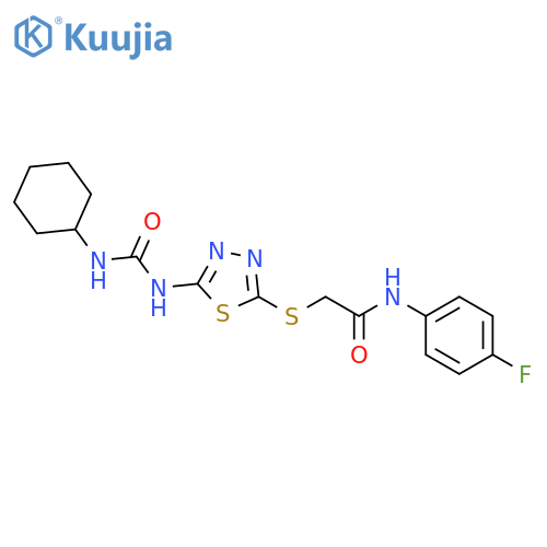 2-({5-(cyclohexylcarbamoyl)amino-1,3,4-thiadiazol-2-yl}sulfanyl)-N-(4-fluorophenyl)acetamide structure