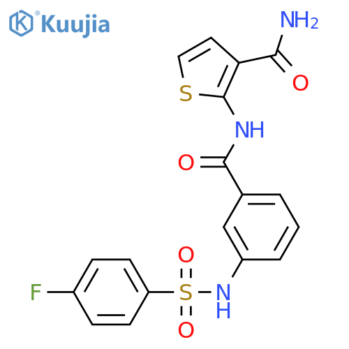 2-3-(4-fluorobenzenesulfonamido)benzamidothiophene-3-carboxamide structure