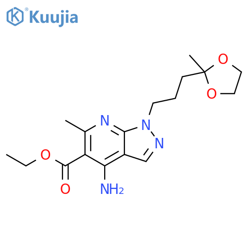 1H-Pyrazolo[3,4-b]pyridine-5-carboxylic acid, 4-amino-6-methyl-1-[3-(2-methyl-1,3-dioxolan-2-yl)propyl]-, ethyl ester structure