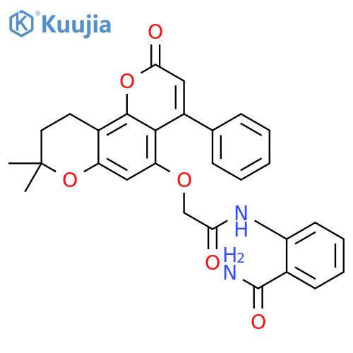 2-[[2-[(8,8-dimethyl-2-oxo-4-phenyl-9,10-dihydropyrano[2,3-h]chromen-5-yl)oxy]acetyl]amino]benzamide structure