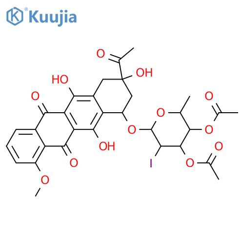 3-acetyl-3,5,12-trihydroxy-10-methoxy-6,11-dioxo-1,2,3,4,6,11-hexahydrotetracen-1-yl 3,4-di-O-acetyl-2,6-dideoxy-2-iodohexopyranoside structure