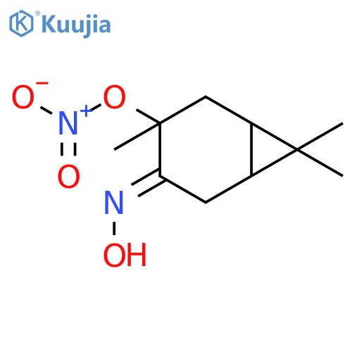 Bicyclo[4.1.0]heptan-3-one, 4,7,7-trimethyl-4-(nitrooxy)-, oxime structure