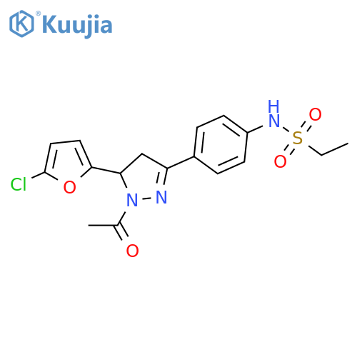 N-{4-1-acetyl-5-(5-chlorofuran-2-yl)-4,5-dihydro-1H-pyrazol-3-ylphenyl}ethane-1-sulfonamide structure