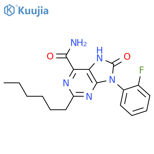 9-(2-fluorophenyl)-2-hexyl-8-oxo-8,9-dihydro-7H-purine-6-carboxamide structure