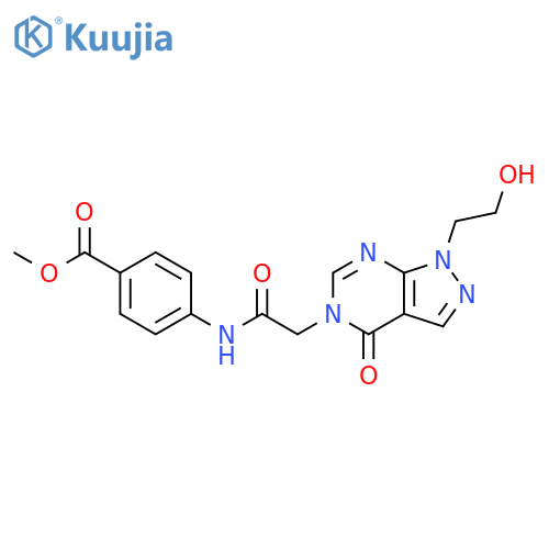 methyl 4-{2-1-(2-hydroxyethyl)-4-oxo-1H,4H,5H-pyrazolo3,4-dpyrimidin-5-ylacetamido}benzoate structure