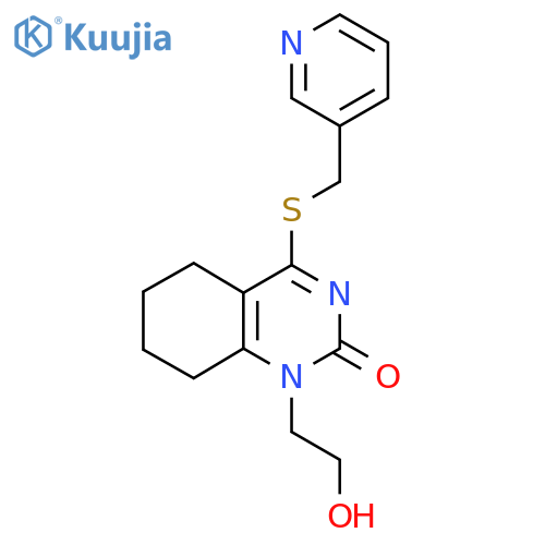 1-(2-hydroxyethyl)-4-((pyridin-3-ylmethyl)thio)-5,6,7,8-tetrahydroquinazolin-2(1H)-one structure