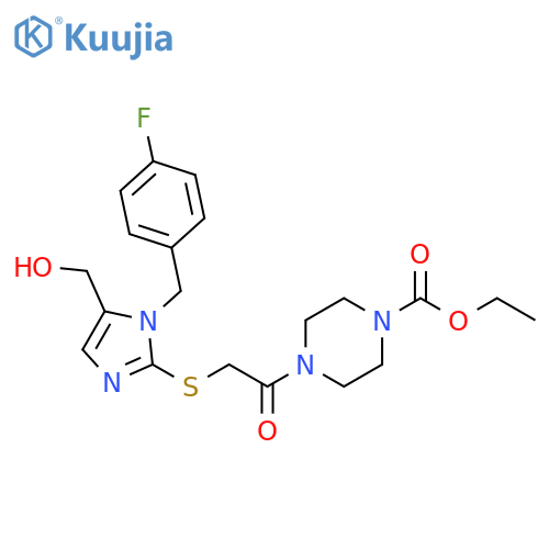 ethyl 4-2-({1-(4-fluorophenyl)methyl-5-(hydroxymethyl)-1H-imidazol-2-yl}sulfanyl)acetylpiperazine-1-carboxylate structure