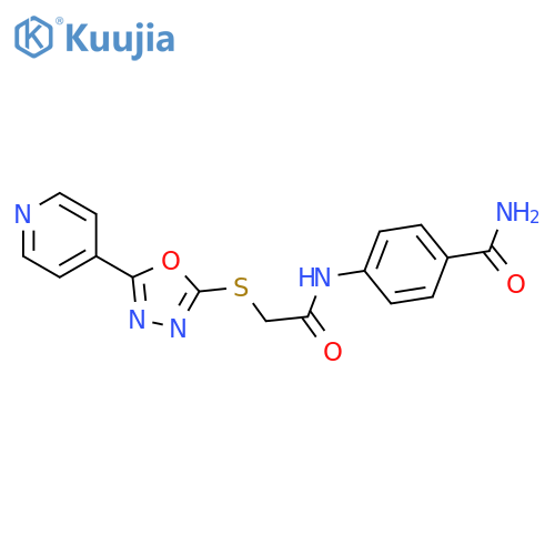 4-(2-{5-(pyridin-4-yl)-1,3,4-oxadiazol-2-ylsulfanyl}acetamido)benzamide structure