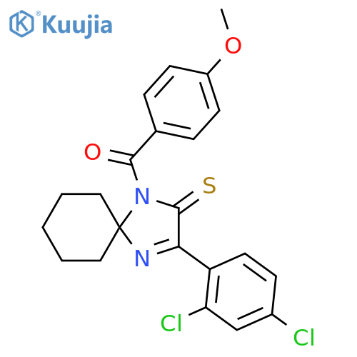 3-(2,4-dichlorophenyl)-1-(4-methoxybenzoyl)-1,4-diazaspiro4.5dec-3-ene-2-thione structure