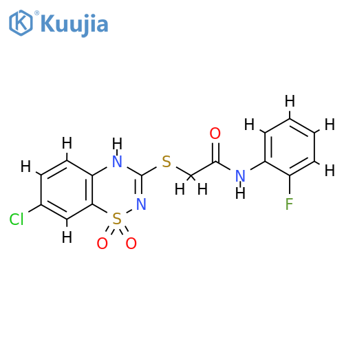 2-(7-chloro-1,1-dioxo-4H-1lambda6,2,4-benzothiadiazin-3-yl)sulfanyl-N-(2-fluorophenyl)acetamide structure