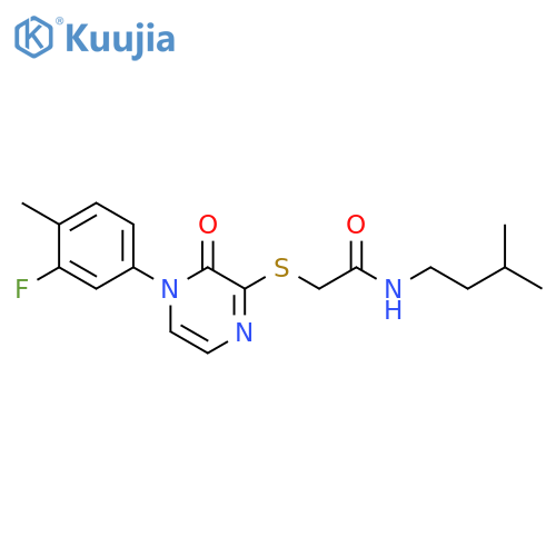 2-{4-(3-fluoro-4-methylphenyl)-3-oxo-3,4-dihydropyrazin-2-ylsulfanyl}-N-(3-methylbutyl)acetamide structure