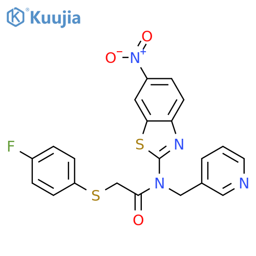 2-(4-fluorophenyl)sulfanyl-N-(6-nitro-1,3-benzothiazol-2-yl)-N-(pyridin-3-yl)methylacetamide structure