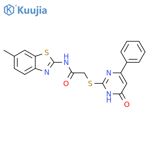 N-(6-methyl-1,3-benzothiazol-2-yl)-2-(6-oxo-4-phenyl-1,6-dihydropyrimidin-2-yl)sulfanylacetamide structure