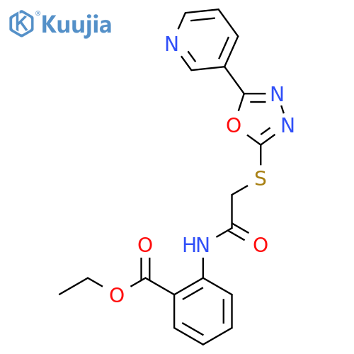 ethyl 2-(2-{5-(pyridin-3-yl)-1,3,4-oxadiazol-2-ylsulfanyl}acetamido)benzoate structure