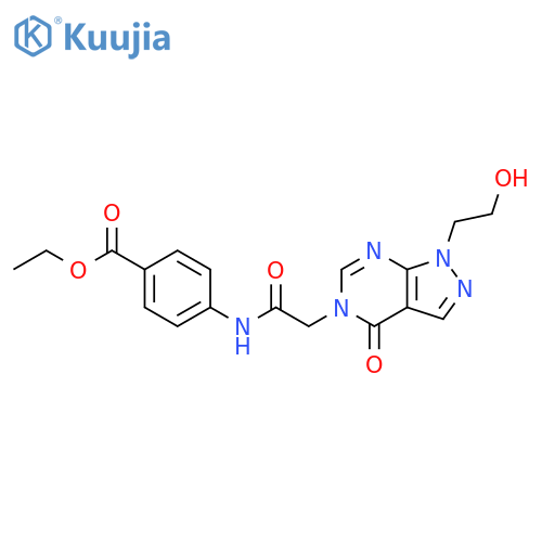 ethyl 4-{2-1-(2-hydroxyethyl)-4-oxo-1H,4H,5H-pyrazolo3,4-dpyrimidin-5-ylacetamido}benzoate structure