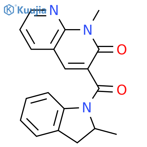 1-methyl-3-(2-methyl-2,3-dihydro-1H-indole-1-carbonyl)-1,2-dihydro-1,8-naphthyridin-2-one structure