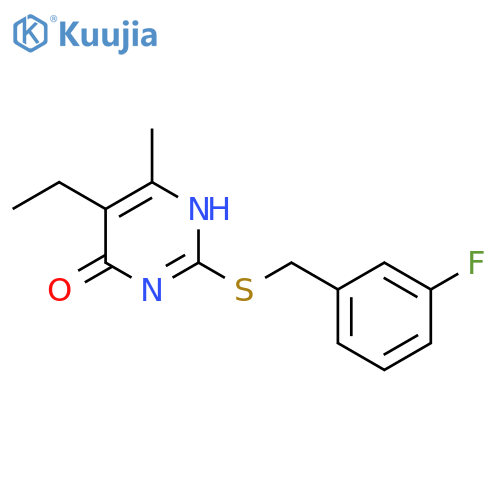 5-ethyl-2-{(3-fluorophenyl)methylsulfanyl}-6-methyl-3,4-dihydropyrimidin-4-one structure