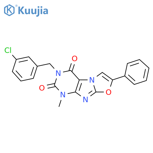 3-(3-chlorophenyl)methyl-1-methyl-7-phenyl-1H,2H,3H,4H-1,3oxazolo3,2-gpurine-2,4-dione structure