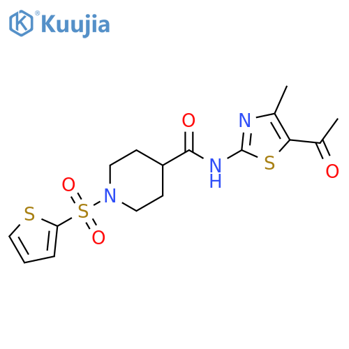 N-(5-acetyl-4-methyl-1,3-thiazol-2-yl)-1-(thiophene-2-sulfonyl)piperidine-4-carboxamide structure