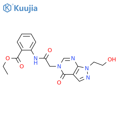 ethyl 2-{2-1-(2-hydroxyethyl)-4-oxo-1H,4H,5H-pyrazolo3,4-dpyrimidin-5-ylacetamido}benzoate structure