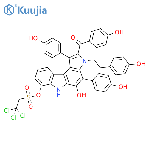 Ethanesulfonic acid, 2,2,2-trichloro-,3,6-dihydro-5-hydroxy-2-(4-hydroxybenzoyl)-1,4-bis(4-hydroxyphenyl)-3-[2-(4-hydroxyphenyl)ethyl]pyrrolo[2,3-c]carbazol-7-yl ester structure