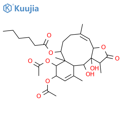 (1R,3aS,4Z,8S,8aS,9R,10R,12aS,13S,13aR)-9,10-bis(acetyloxy)-13,13a-dihydroxy-1,5,8a,12-tetramethyl-2-oxo-1,2,3a,6,7,8,8a,9,10,12a,13,13a-dodecahydrobenzo[4,5]cyclodeca[1,2-b]furan-8-yl hexanoate structure