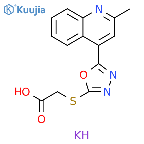 Acetic acid, 2-[[5-(2-methyl-4-quinolinyl)-1,3,4-oxadiazol-2-yl]thio]-, potassium salt (1:1) structure
