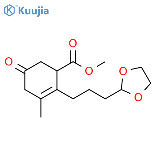 2-Cyclohexene-1-carboxylic acid, 2-[3-(1,3-dioxolan-2-yl)propyl]-3-methyl-5-oxo-, methyl ester structure