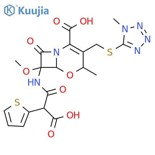 5-Oxa-1-azabicyclo[4.2.0]oct-2-ene-2-carboxylic acid,7-[(carboxy-2-thienylacetyl)amino]-7-methoxy-4-methyl-3-[[(1-methyl-1H-tetrazol-5-yl)thio]methyl]-8-oxo- structure